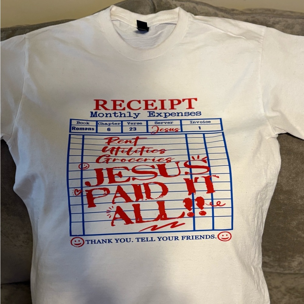 White Graphic T-Shirt with Red and Blue Print